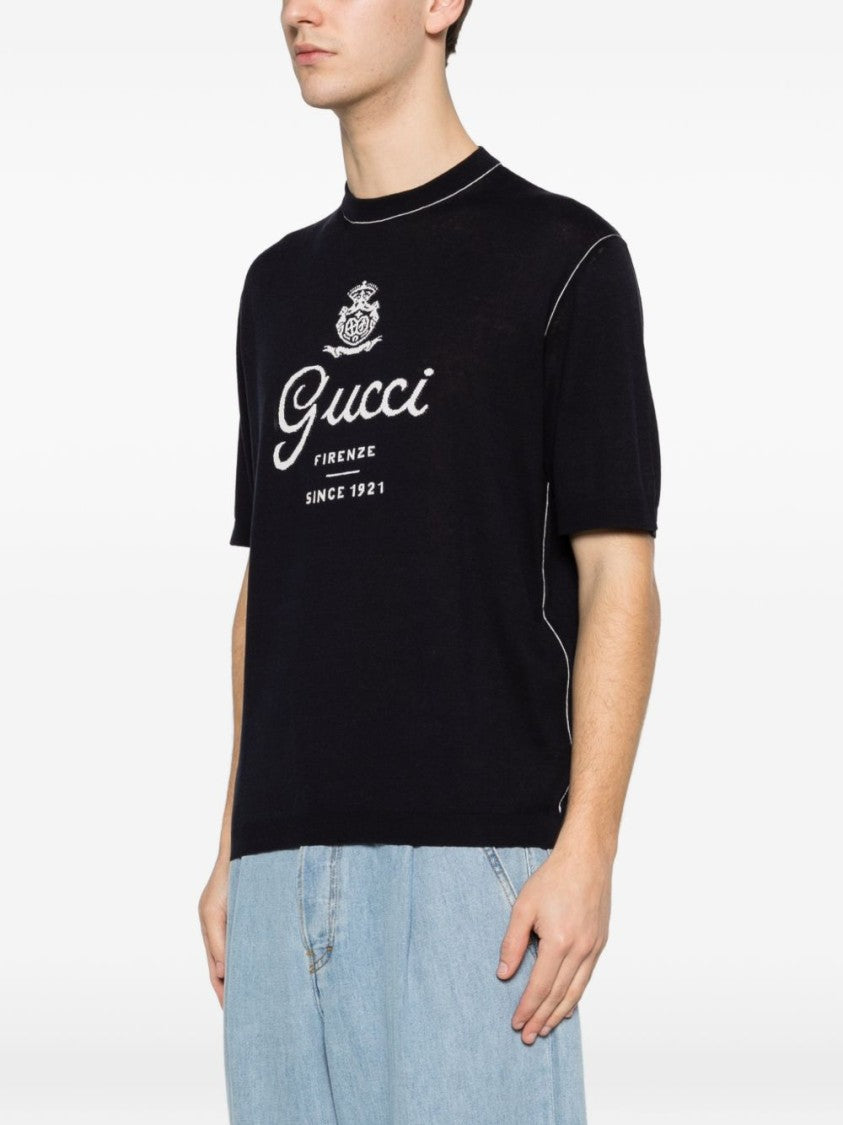 Gucci Dark Blue Silk-Linen Knit Intarsia T-Shirt