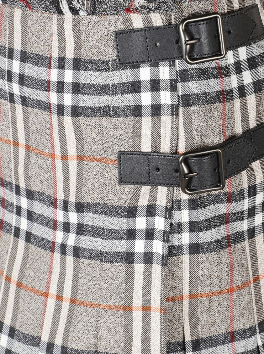 Burberry Plaid Pleated Skirt With Frayed Hem And Buckle Accents