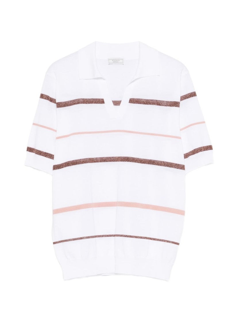 Peserico White Short-Sleeved V-Neck Top With Subtle Stripes