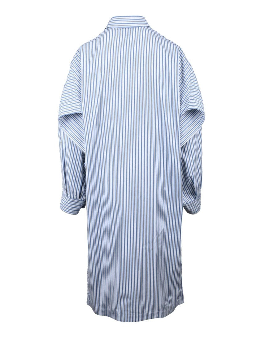 Bottega Veneta White Sky Blue Striped Cotton Chemise Shirt