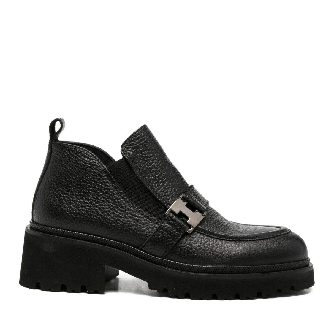 Adrianna Feretti Black Chunky Block Heel Metallic Buckle Leather Loafers
