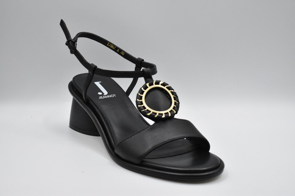 Jeannot Low-Heeled Black Sandals With Wide Strap And Decorative Embellishment