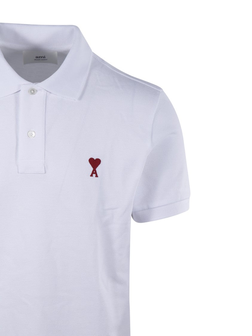 Ami White Cotton Polo Shirt With Embroidered Heart Logo