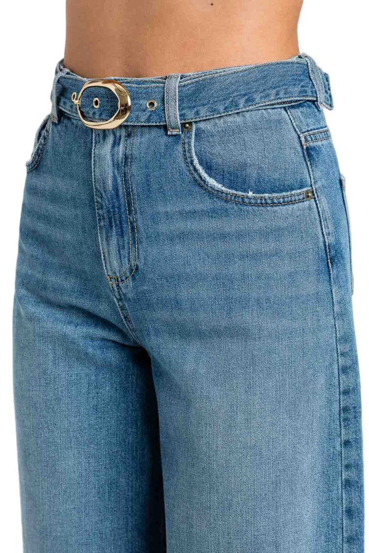 Twin-Set Gold Oval Buckle Wide-Leg Jeans