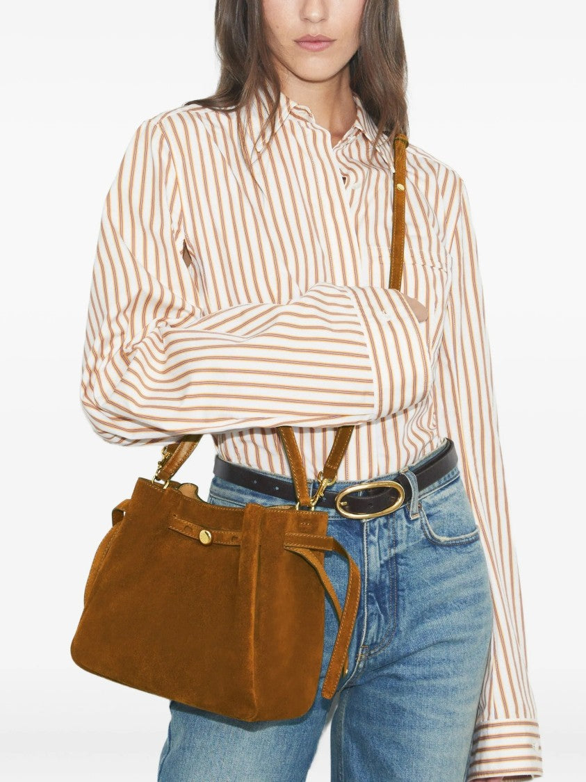 Tory Burch Structured Suede Brown Bucket Bag With Gold Accents