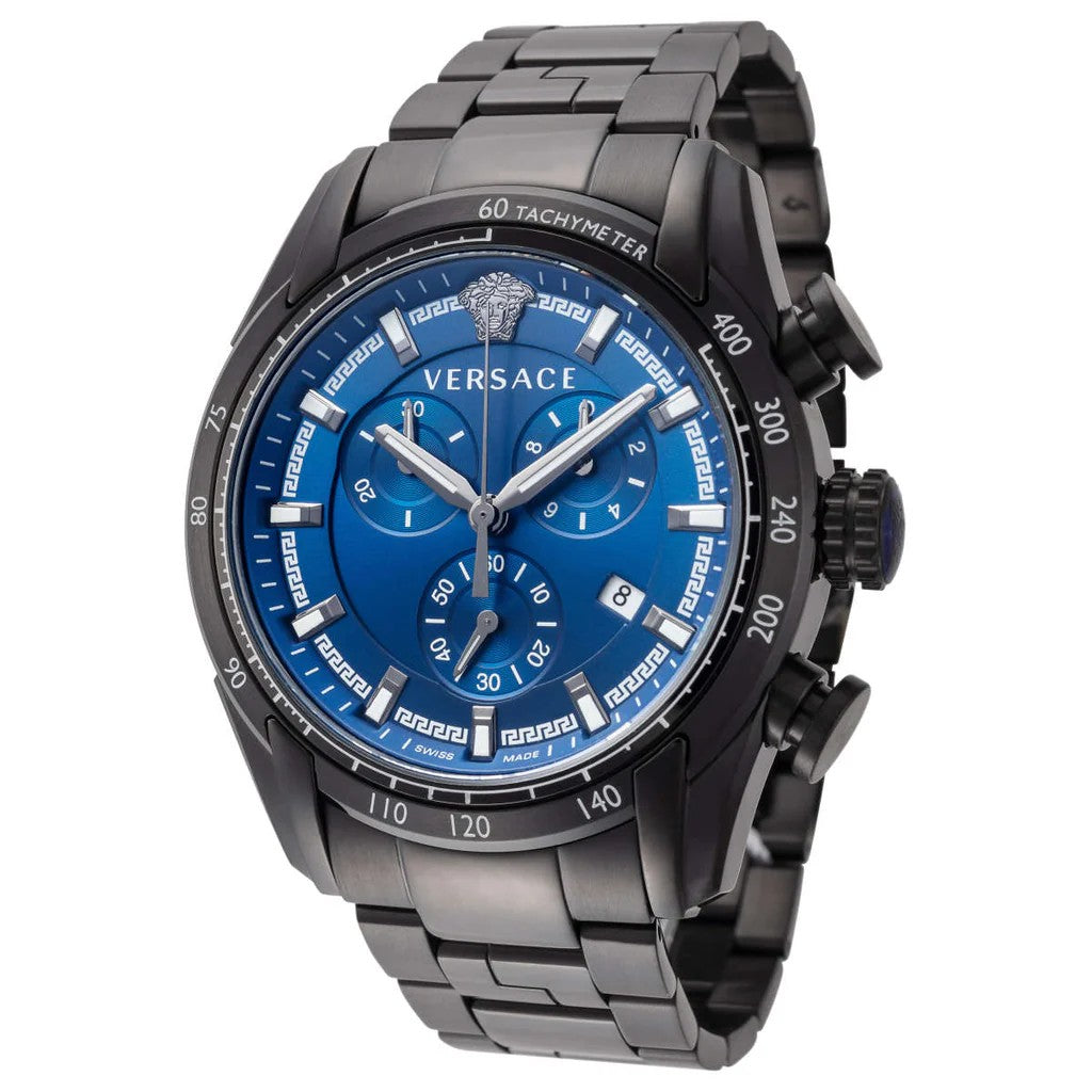 Versace V-Ray Chronograph Watch With Blue Dial And Steel Bracelet