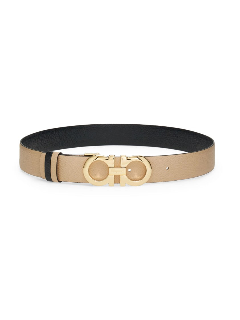 Ferragamo Smooth Beige Leather Belt With Polished Gold-Tone Buckle