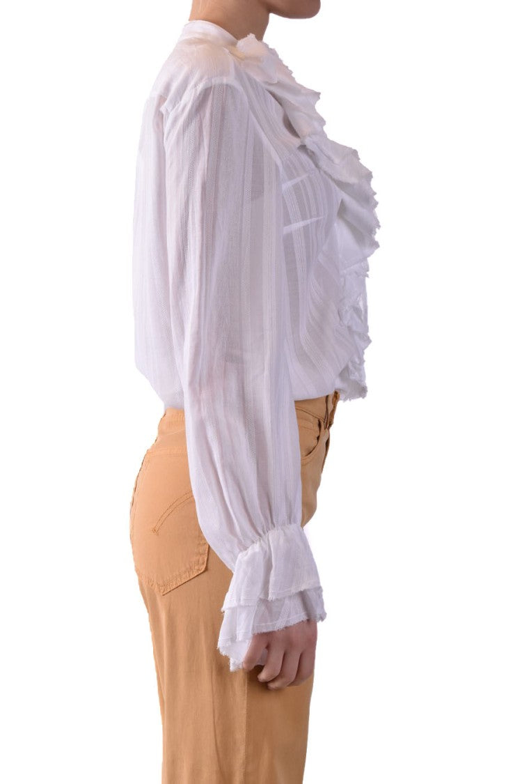 Dondup Semi-Sheer White Blouse Ruffled Tie Neckline