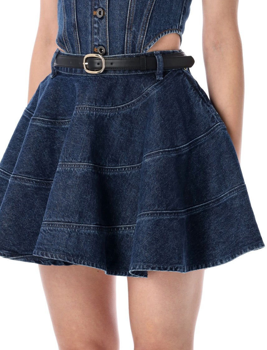 Self-Portrait Contrast Stitching Flared Denim Midi Skirt