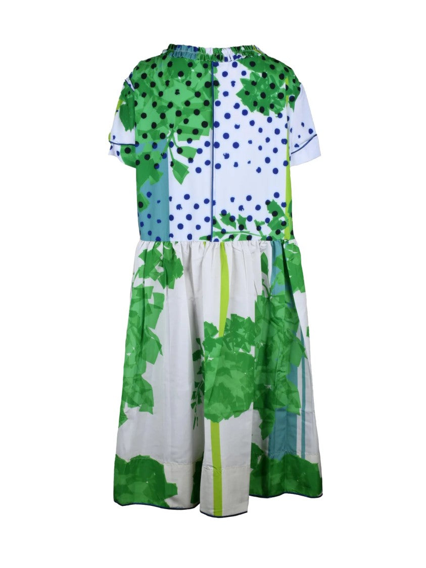 Sara Roka White Green Floral Taffeta Long Dress