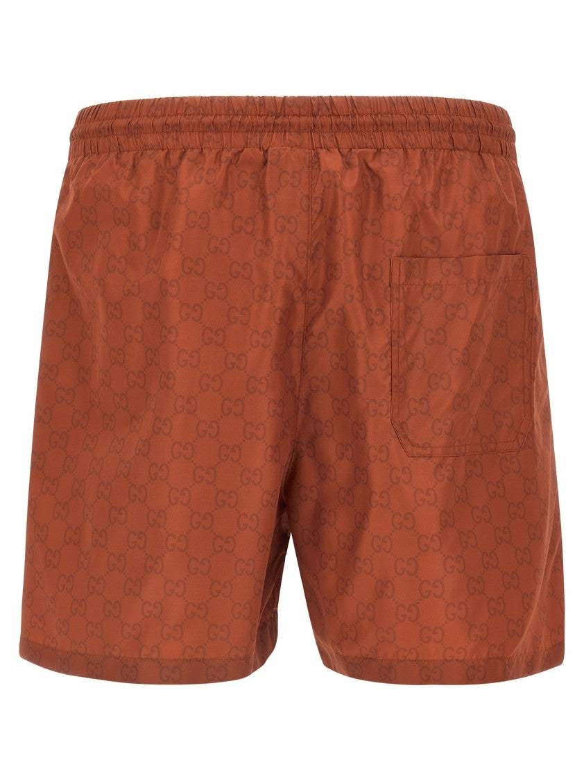 Gucci All-Over Gg Print Brown Swim Shorts With Drawstring Waistband