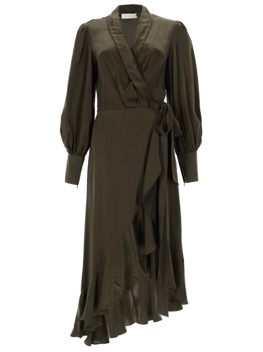 Zimmermann Neutrals Wrap Design Puffed Sleeves Silk Midi Dress