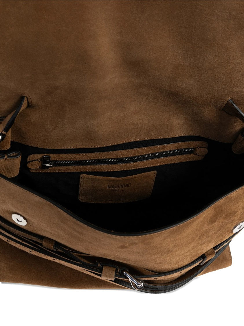Moschino Brown Large Rectangular Suede Handbag With Belts