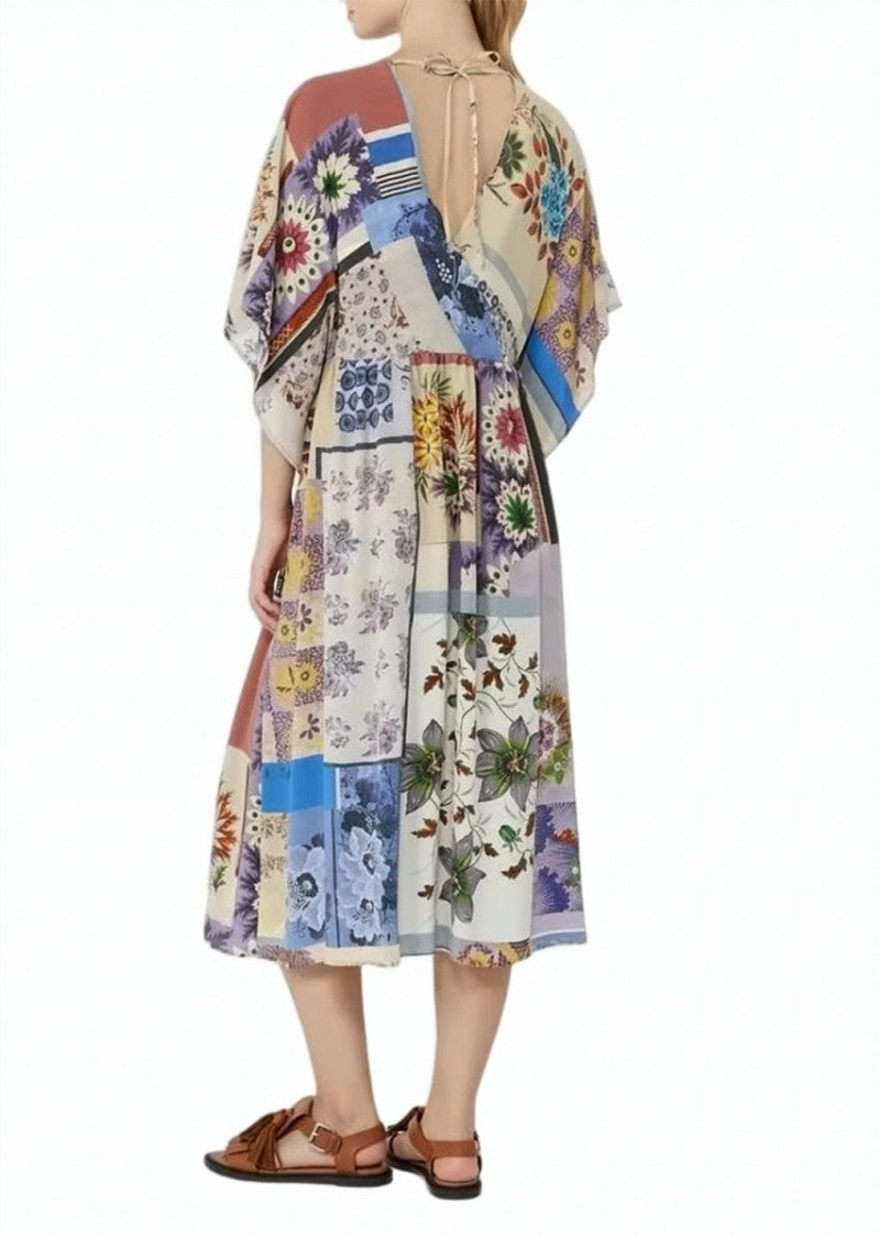 Weekend Multicolor Patchwork Floral V Neck Dress
