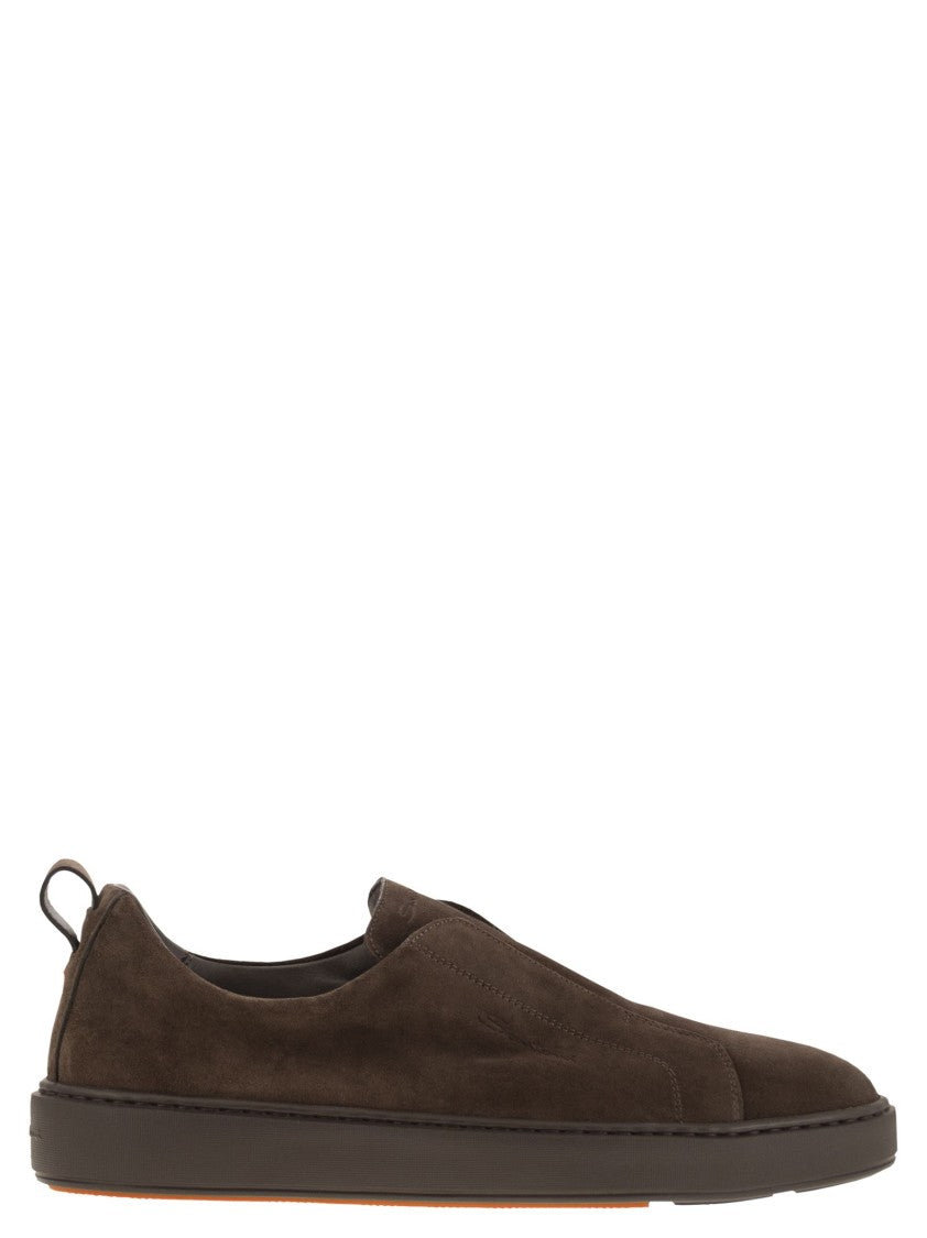 Santoni Suede Slip-On Trainer With Double Buckle Decoration