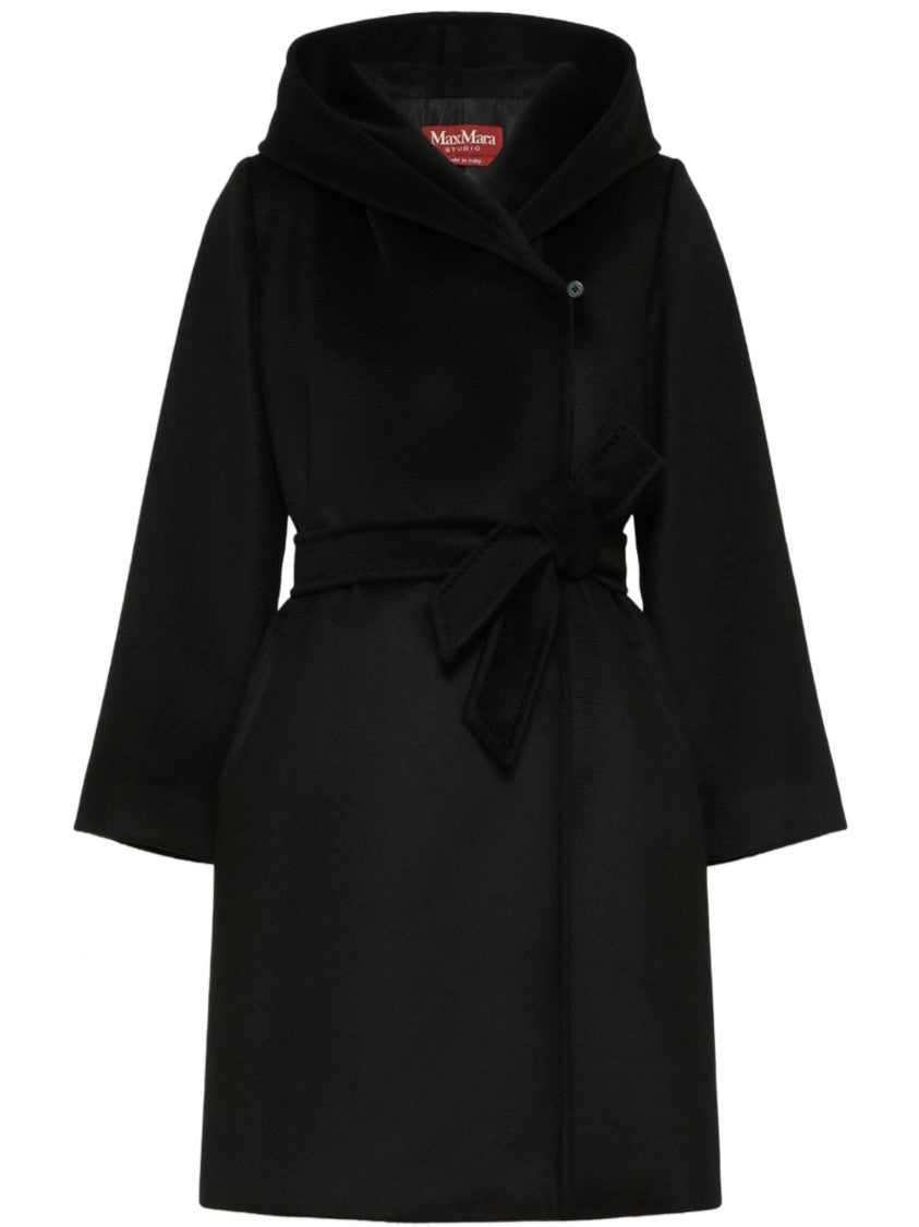Max Mara Black Wool Wrap Coat With Self-Tie Detail