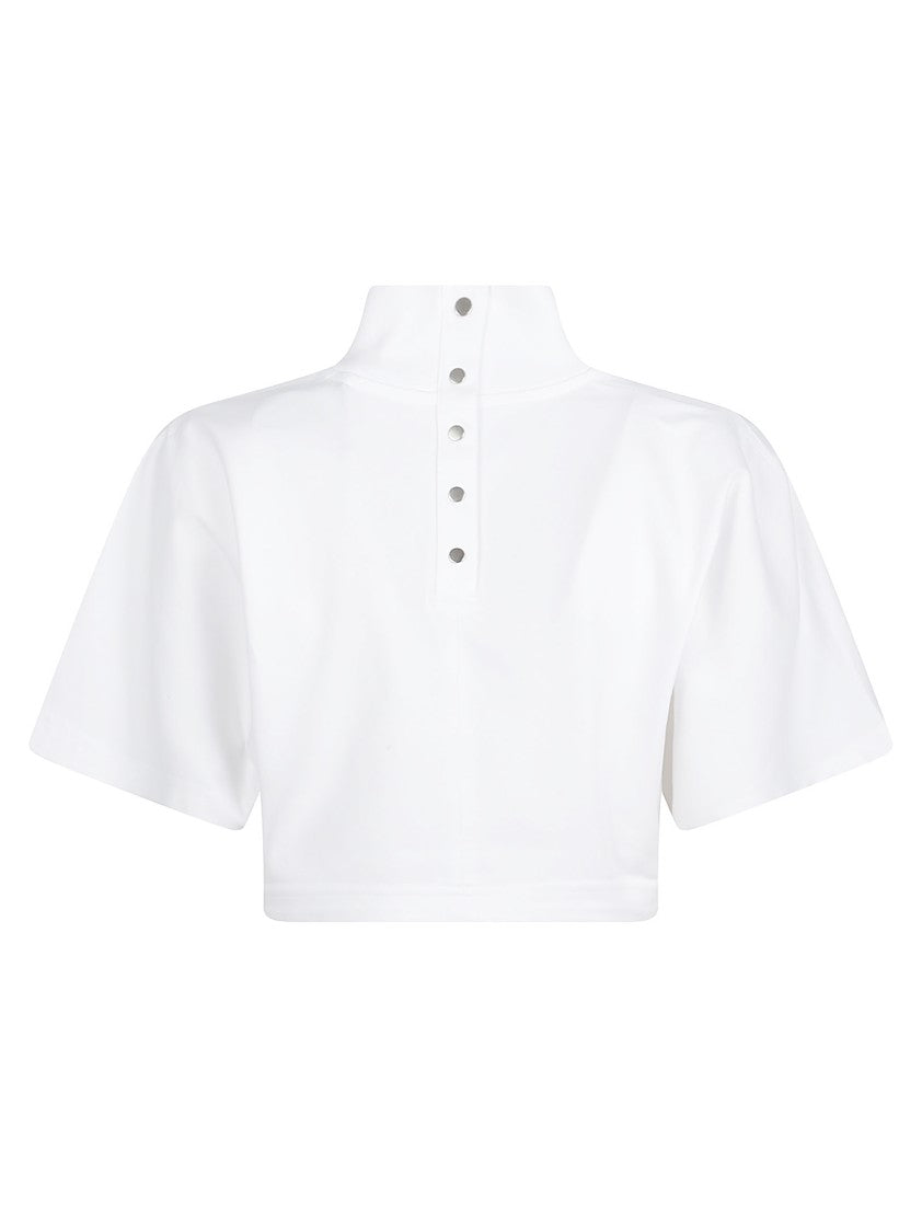 Alaïa Cropped Jersey Cotton T-Shirt With Ribbed High Neckline