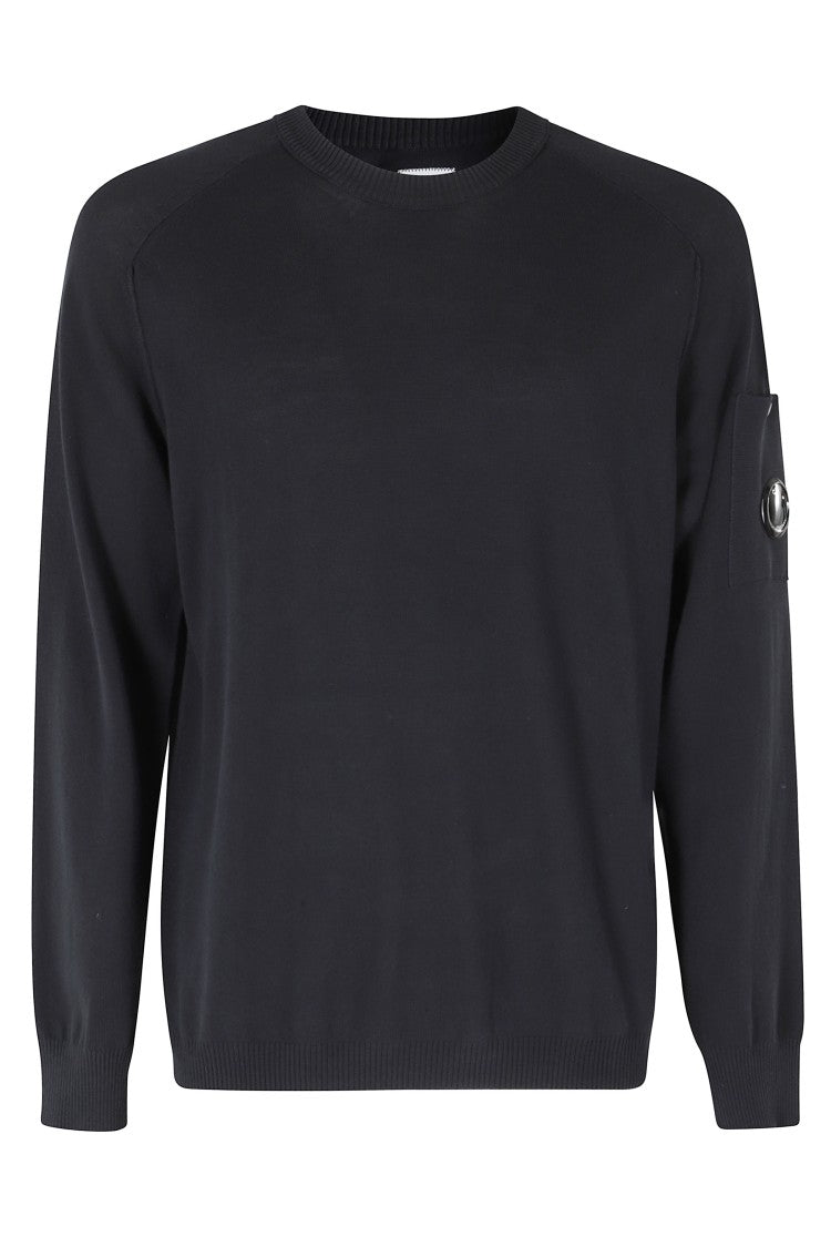 C.P. Company Black Cotton Crepe Crewneck Lens Pocketed Cotton Sweater