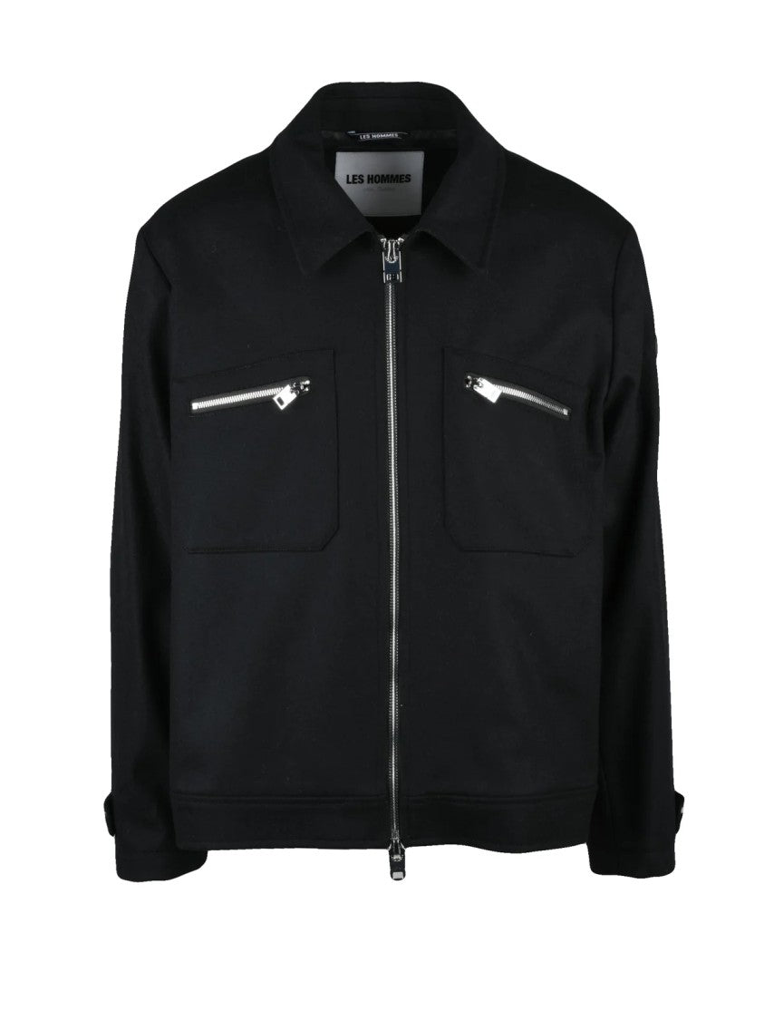 Les Hommes Sophisticated Black Wool-Blend Zip Jacket With Logo Lining