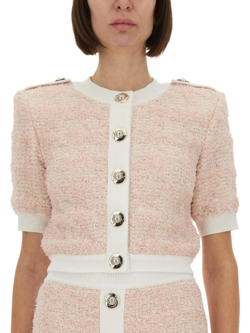 Balmain Cropped Textured Cardigan With Decorative Button Detail