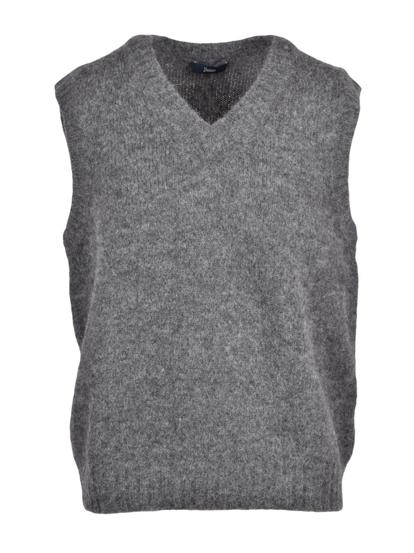 Herno Grey V-Neck Textured Knit Alpaca-Blend Vest