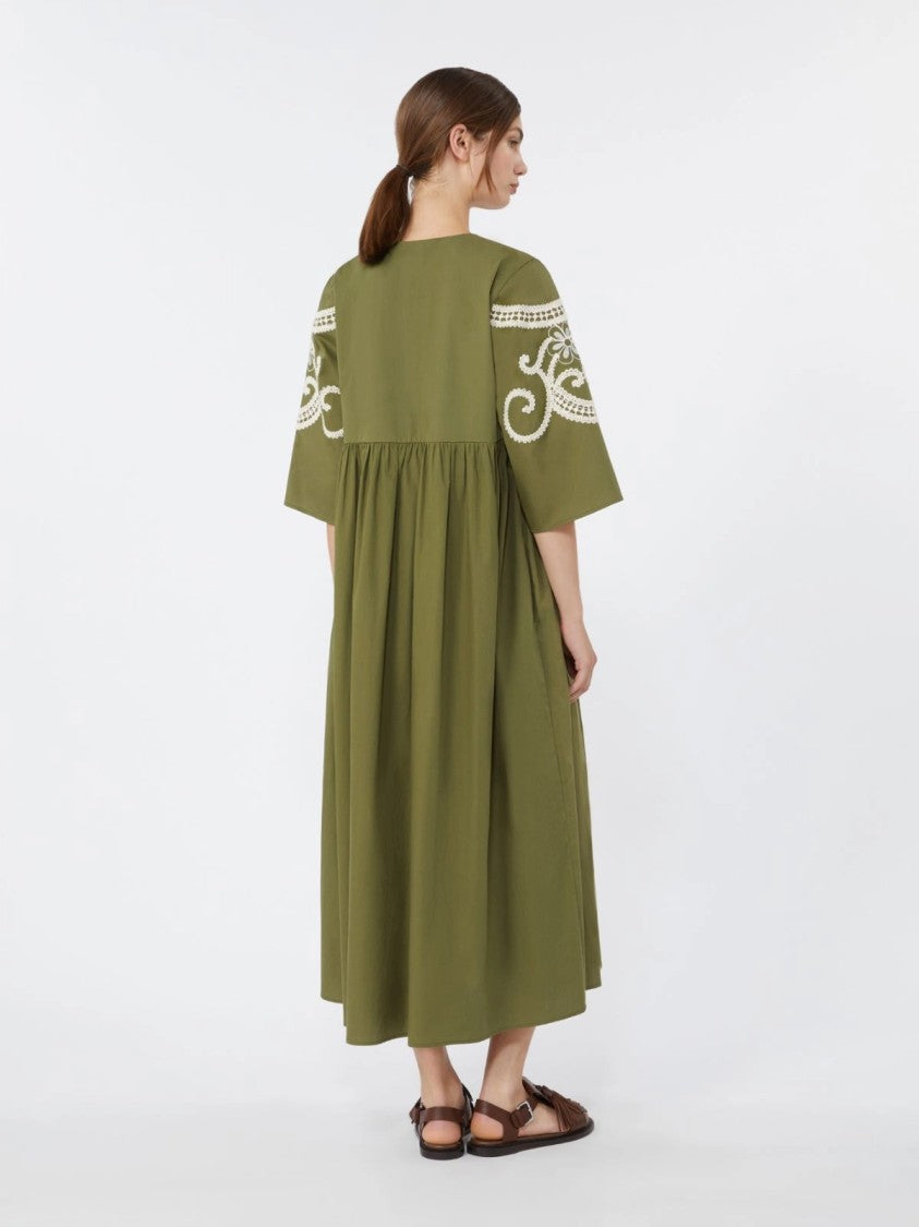 Max Mara Olive Green Midi Dress With Intricate Lace Embroidery