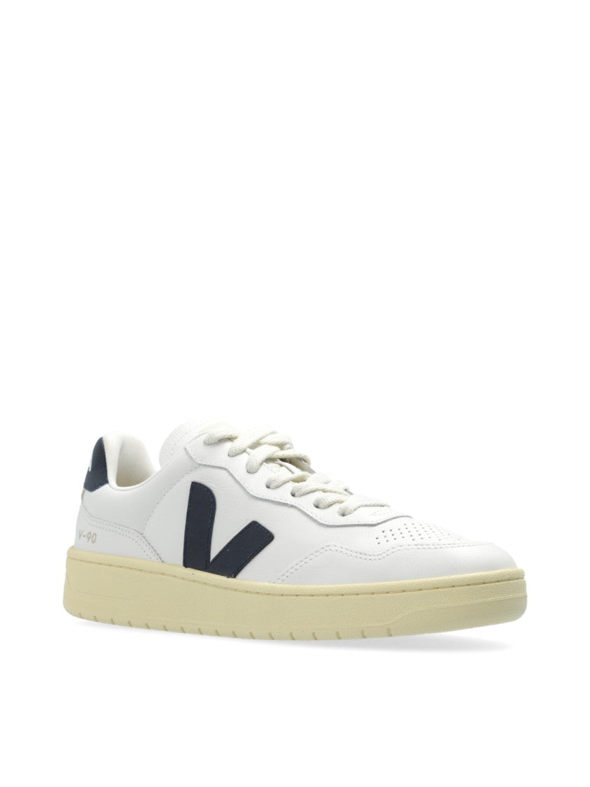 Veja White V-90 O.T. Logo Accents Leather Sneakers