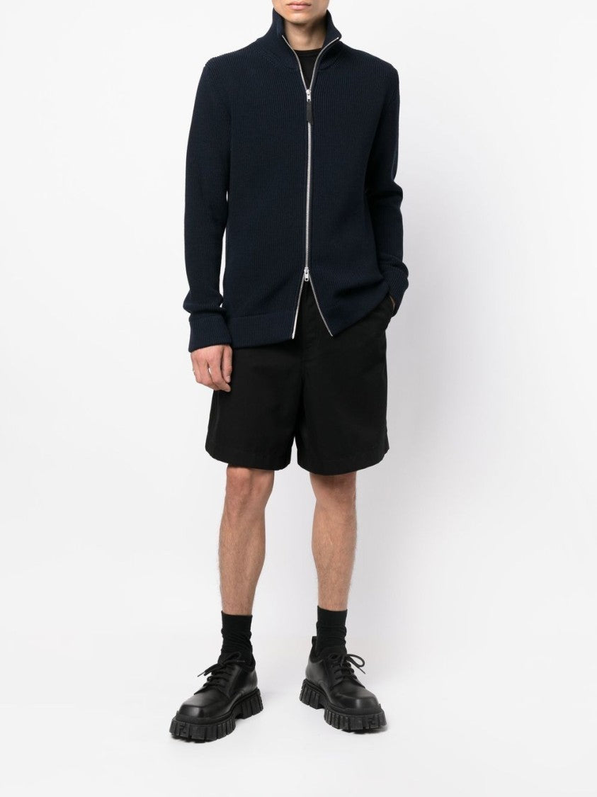 Maison Margiela Navy Blue Ribbed Cardigan With High Neck