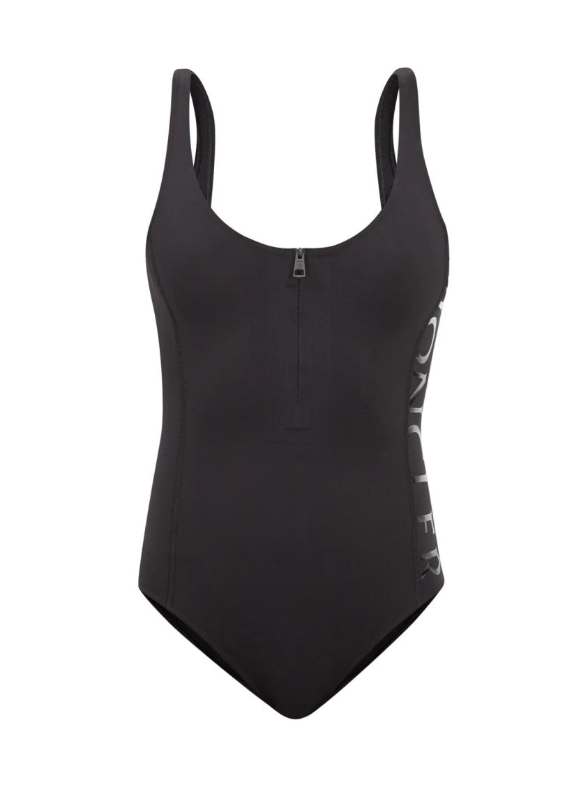 Moncler Zip-Neck Logo Print One Piece Swimsuit