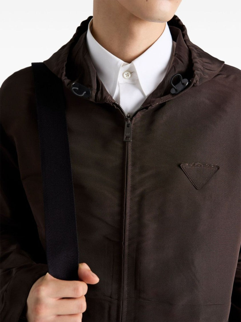 Prada Mid-Thigh Brown Zip-Up Coat With Hood And Subtle Branding