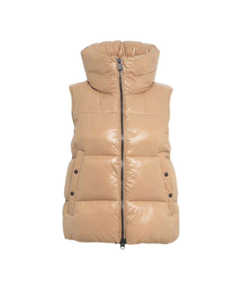 Save The Duck Beige Sleeveless Puffer Gilet With High Collar And Glossy Finish
