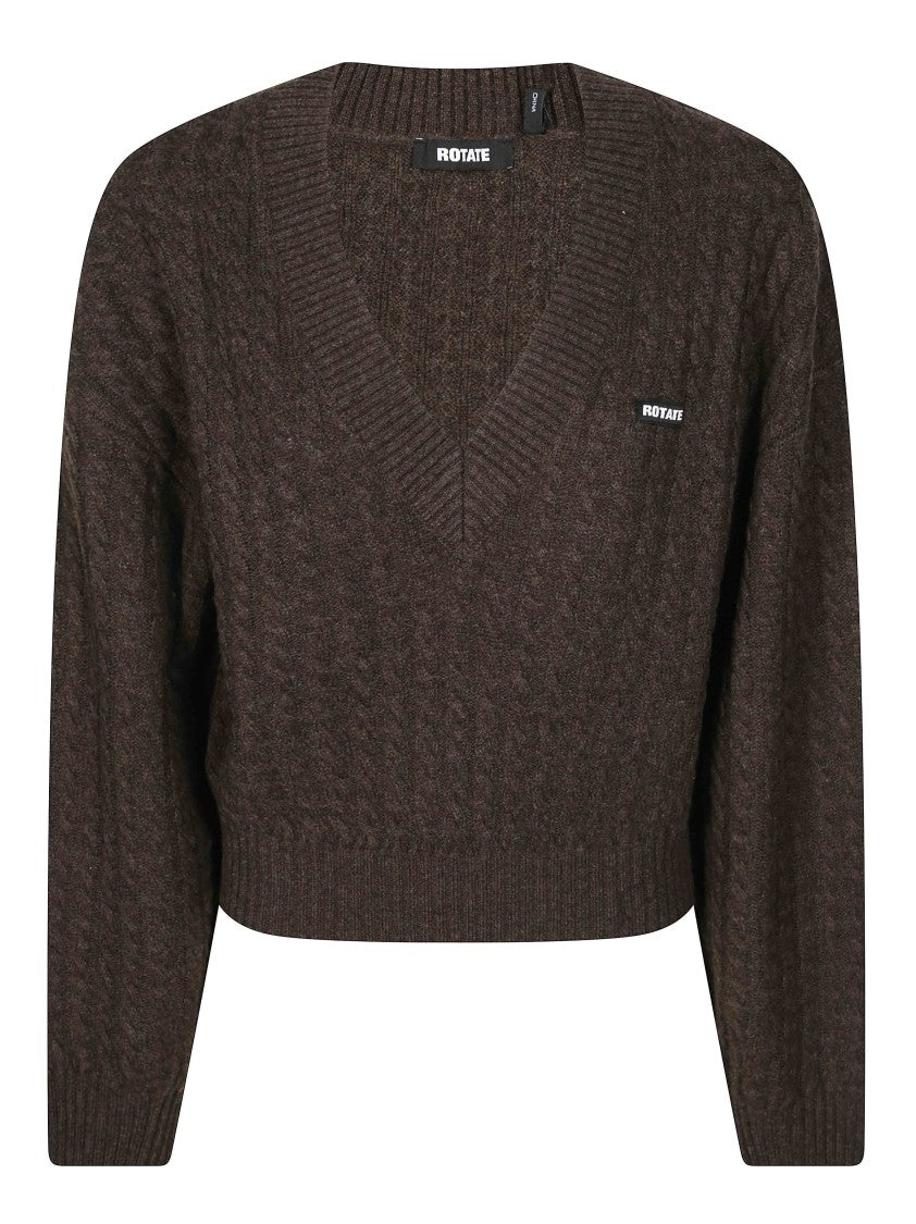 Rotate Cable V Neck Cable Knit Cropped Sweater