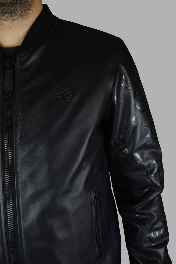 Philipp Plein Black Leather Bomber Jacket