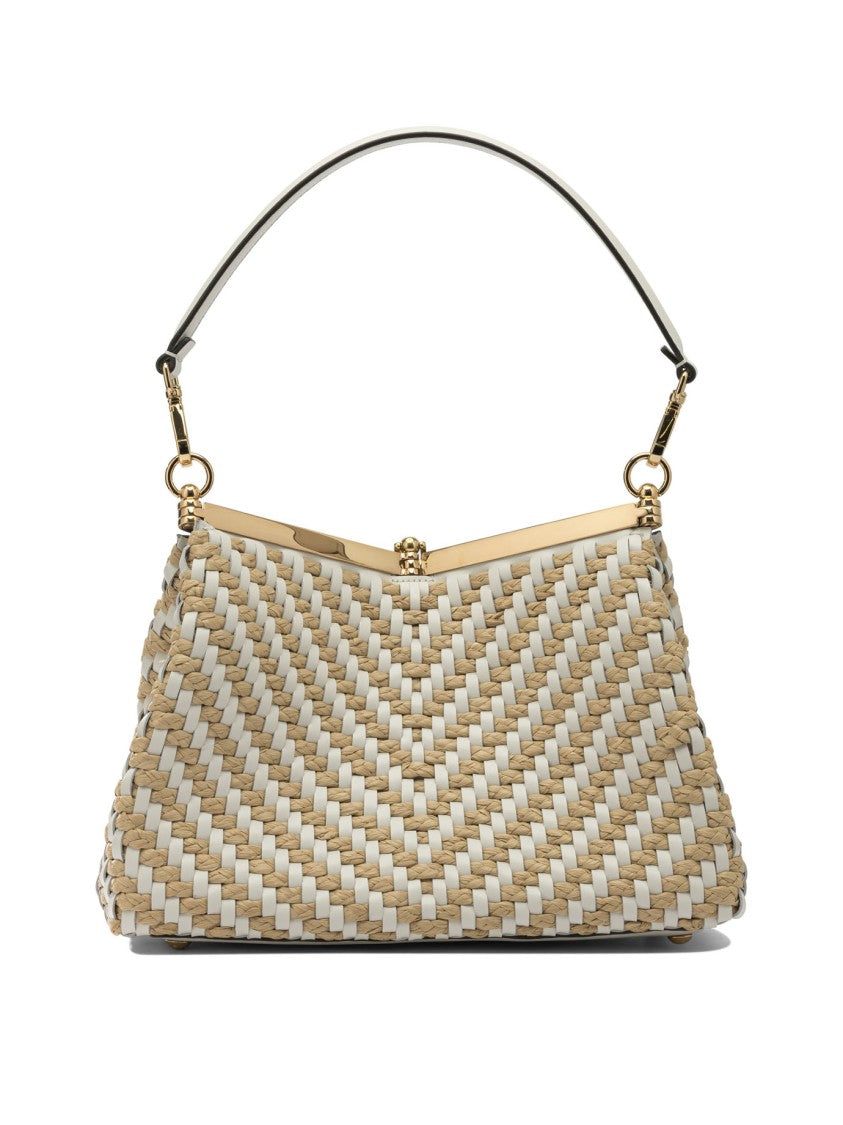 Etro Compact Structured Shoulder Bag With Woven Raffia
