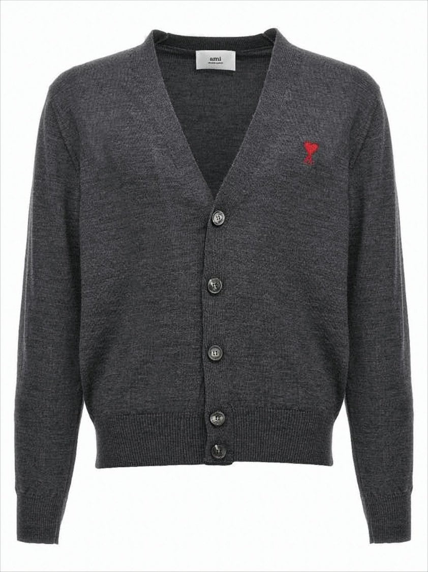 Ami Paris V-Neck Grey Wool Cardigan With Button-Down Front