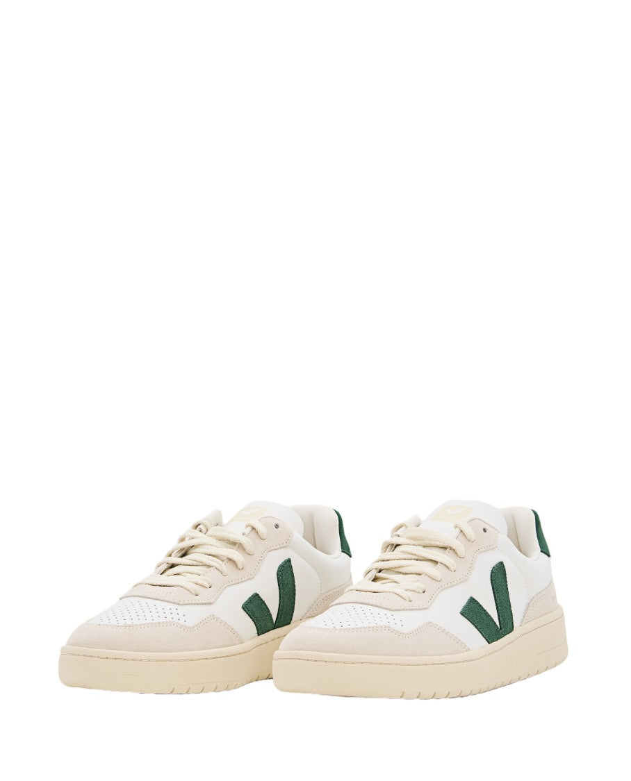 Veja White/Green V-90 Leather Low-Top Sneakers