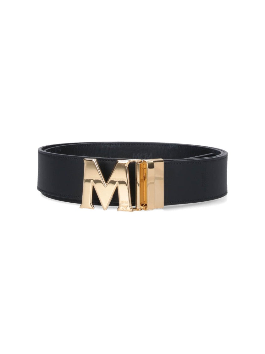 Mcm Reversible Black Visetos Belt With Gold-Tone Buckle
