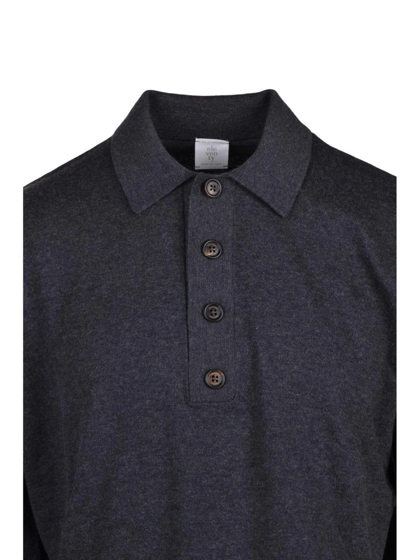 Eleventy Grey Cotton-Blend Knit Polo Shirt