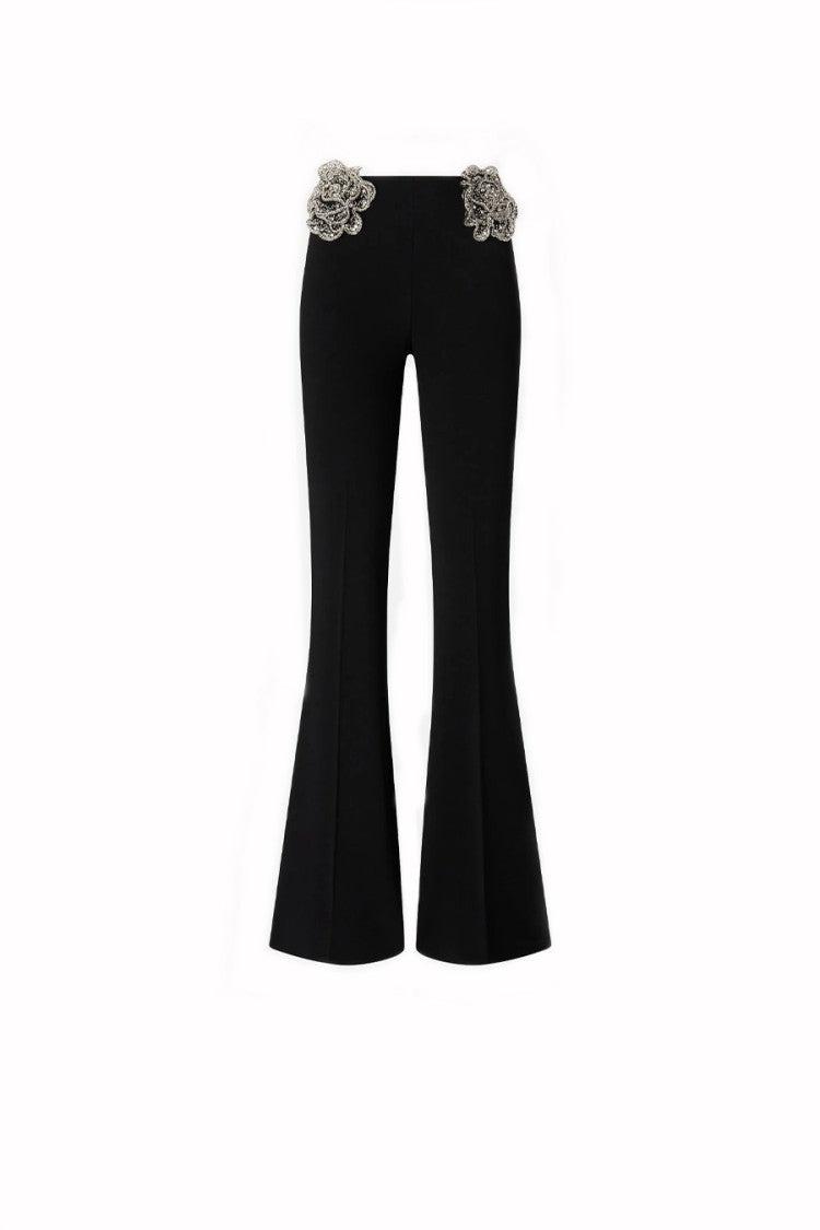 Pinko Black Crystal Rose Appliques Viscose-Blend Flared Pants