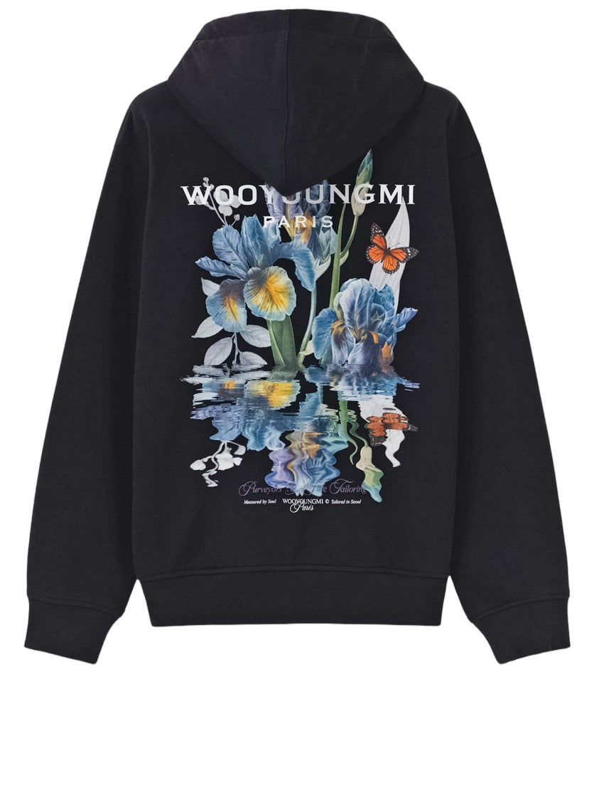 Wooyoungmi Artistic Black Cotton Hoodie With Floral Graphics