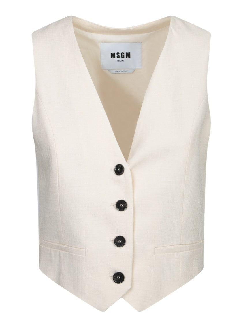 Msgm Tailored White Vest With Deep V-Neckline