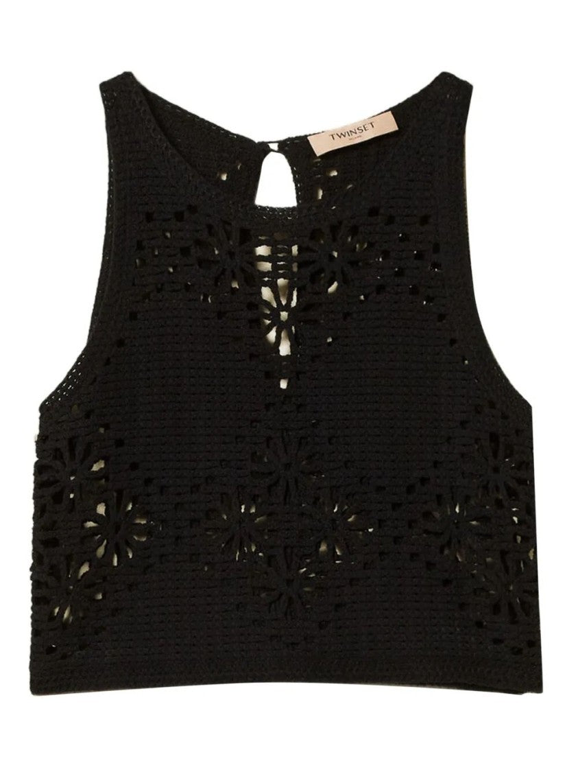 Twin-Set Cropped Cotton Top With Floral Crochet Detailing