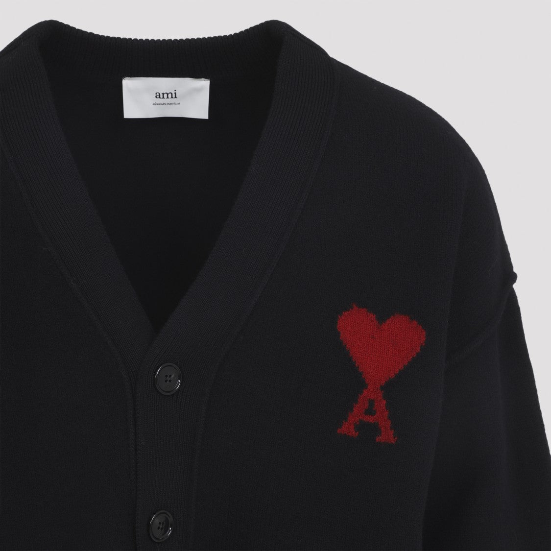 Ami Heather Black Wool Cardigan With V-Neck And Signature Logo