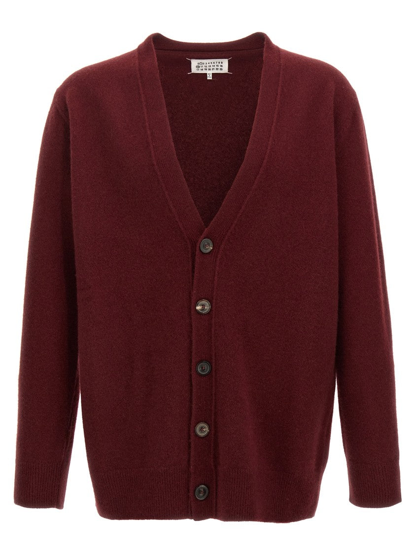 Maison Margiela Burgundy Wool Cardigan With Deep V-Neck And Relaxed Fit