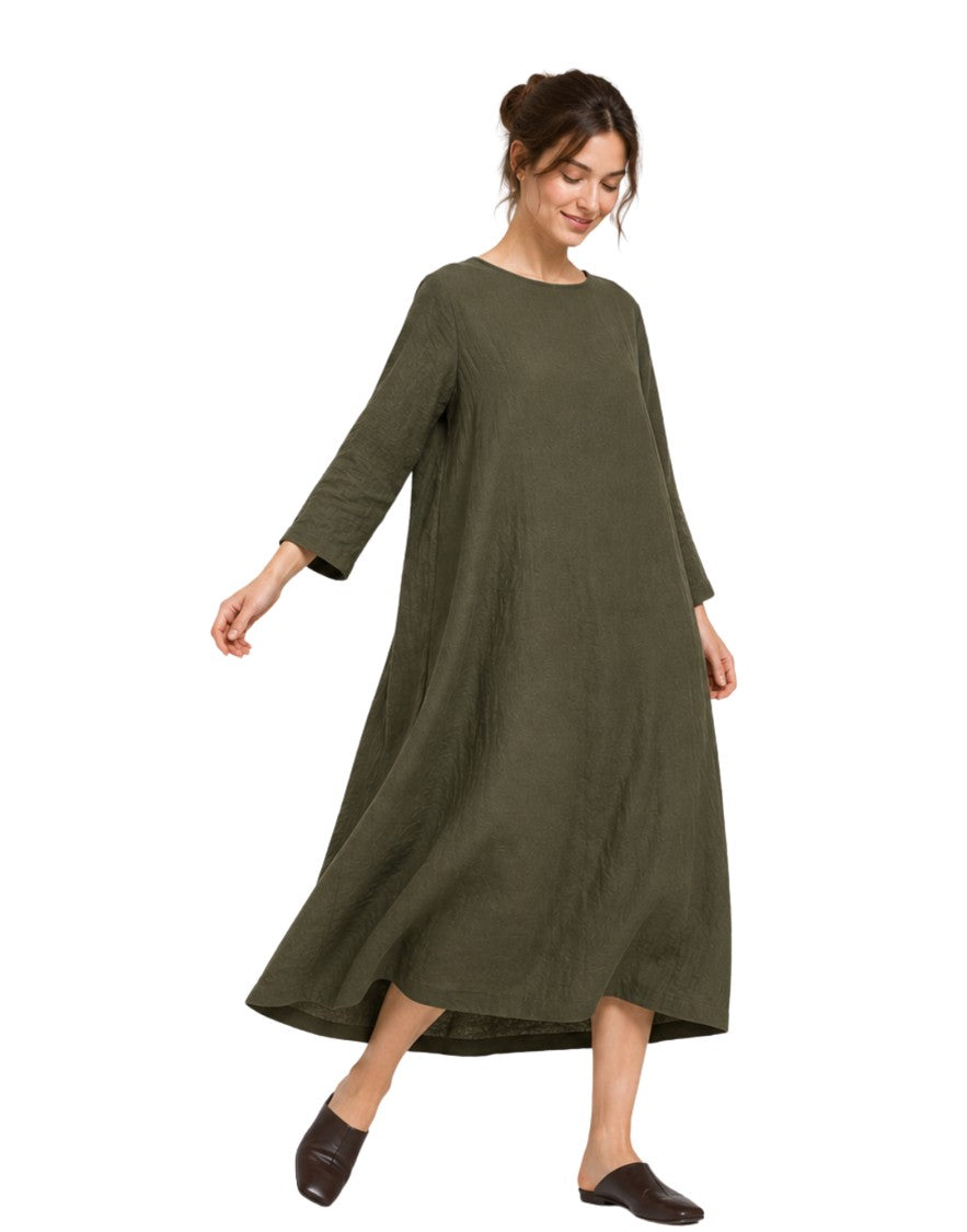 Pomandère Military Green Organic Cotton Flared Maxi Dress