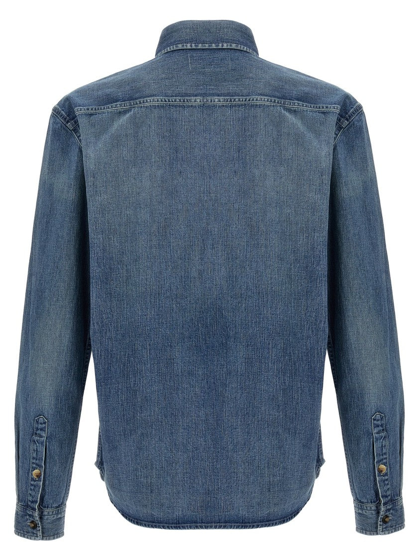 Saint Laurent Comfort Fit Cotton Denim Cassandre Shirt With Logo Embroidery