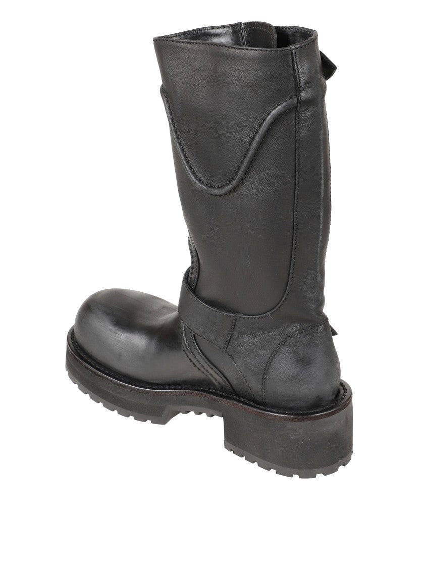 Balenciaga Mid-Calf Black Leather Boots With Adjustable Buckle Straps