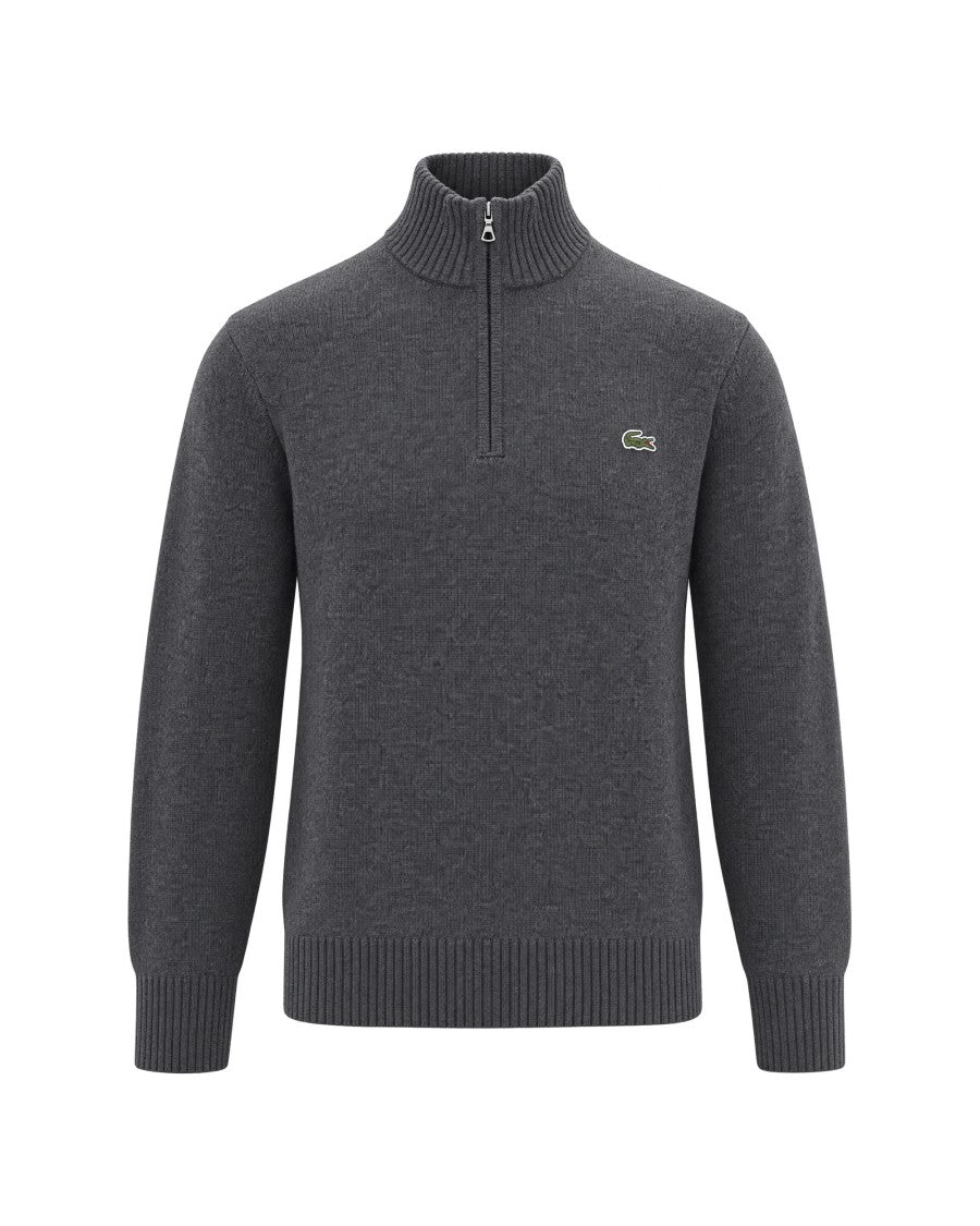 Lacoste Half-Zip High-Neck Sweater In Brushed Wool With Ribbed Accents