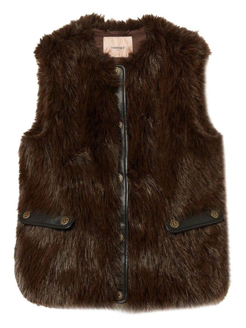 Twin-Set Sleeveless Faux Fur Vest With Leather Accents