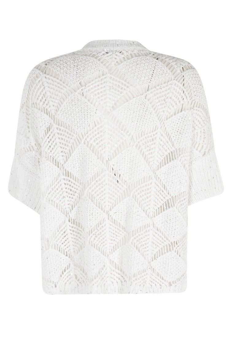 Antonelli White Oleandro Sequined Ribbed-Trim Cotton-Blend Knit Top